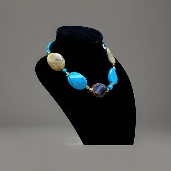 Chunky Acrylic Gemstone Statement Necklace Turquoise Howlite Agate Jasper Boho - Picture 4 of 5